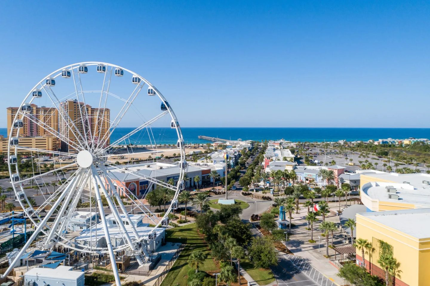 The SkyWheel and Pier Park with the Gulf beyond in Panama City Beach